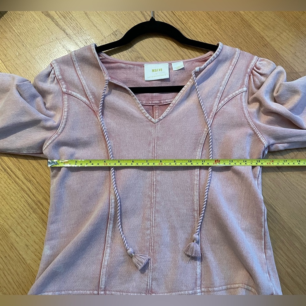 Anthropologie Maeve Long Sleeve Sweater Shirt Puff Shoulder Pink Sz XS Tie Neck - Picture 4 of 9